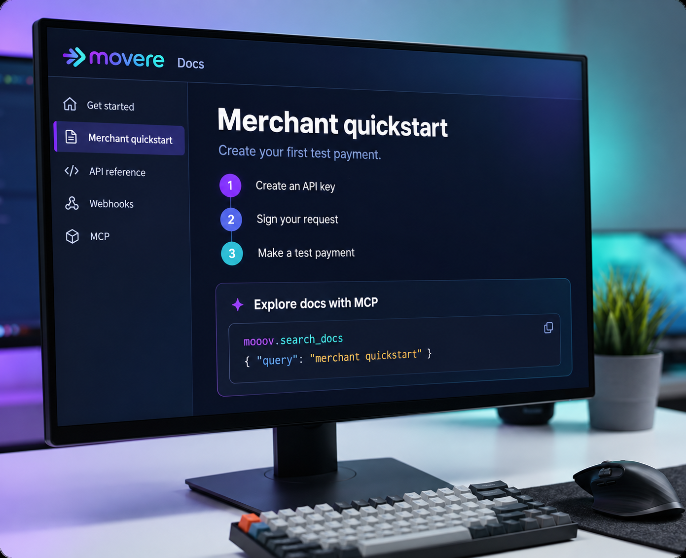 Illustration of Movere developer documentation on a desktop monitor